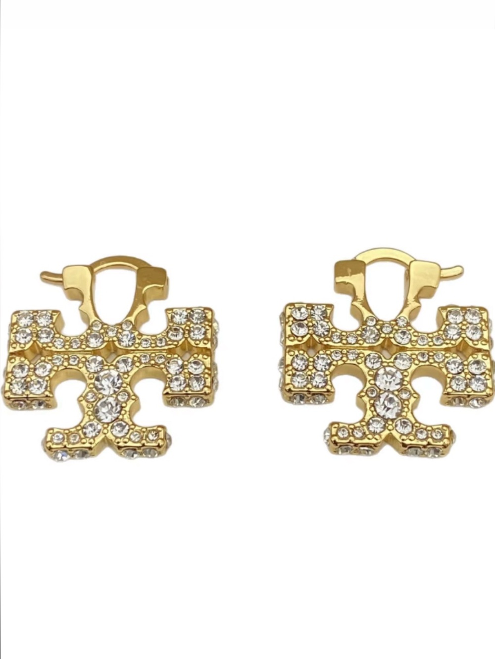 TORY BURCH GOLD PAVÉ EMBELISHED ELENOR HIDDEN HOOP EARRINGS